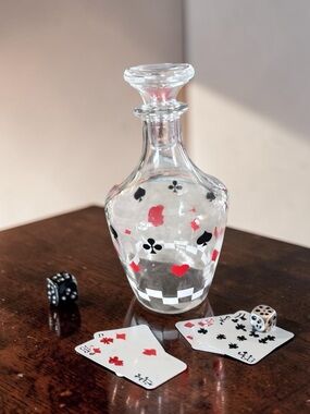 Vintage French Glass Decanter Playing Cards Barware Gift